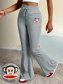 Paul Frank X SHEIN Tween Girl Four Seasons Cartoon Pattern Flare Leg Sweatpants, Homecoming,Fall/Winter, Flared Sweatpants, Cute Sweatpants, Girls Sweatpants - Grey - View 3