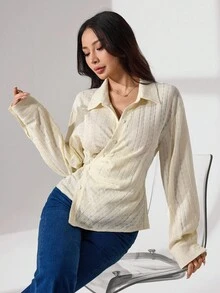 Modelyn Fashionable Knitted Minimalist Apricot Women's Blouse - Beige - View 7