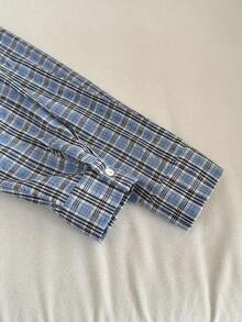 青少年女孩休闲宽松复古学院风长袖衬衫（蓝白配色），返校季 - 藍色 - 查看 5