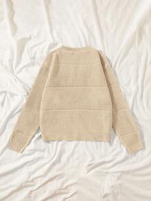 SHEIN EZwear 大码纯色简约圆领长袖针织毛衣 - 卡其色 - 查看 2