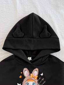 SHEIN Tween Girl Halloween Cartoon Pattern Hooded Crop Top Sweatshirt With 3D Ears,In Fall/Winter - Black - View 6