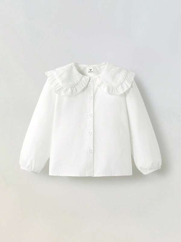 Maija Kids Maija Kids 年轻女孩休闲可爱白色刺绣泡泡袖宽松上衣，适合春秋季