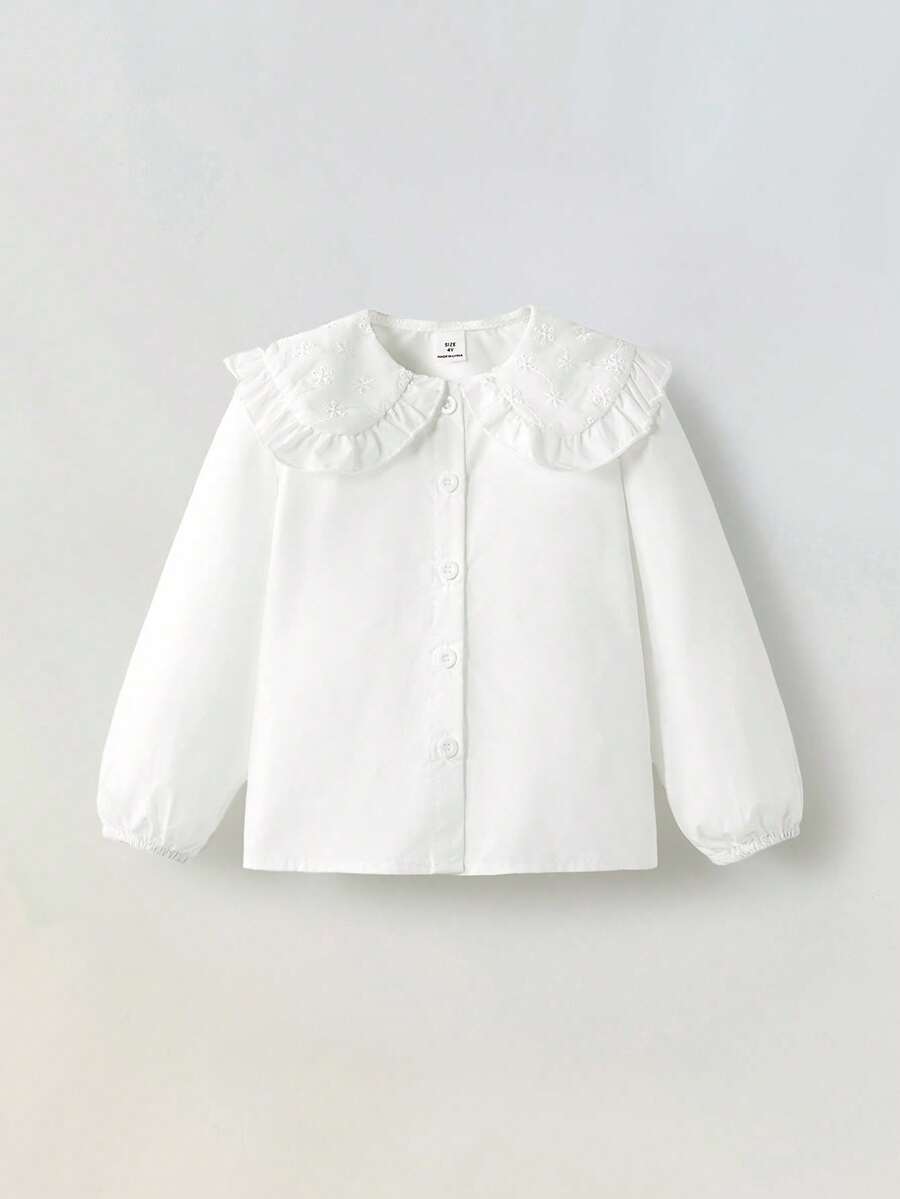 Maija Kids Maija Kids 年轻女孩休闲可爱白色刺绣泡泡袖宽松上衣，适合春秋季 - 白色 - 查看 1