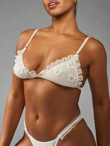 MISSGUIDED حمالة صدر مثلثة من الشبك مزينة بالفراشات، تريم مكشكش للملابس الداخلية الشفافة، كأس ناعمة غير مبطنة، ملابس داخلية للعروس وليلة الزفاف - أبيض - مشاهدة 5