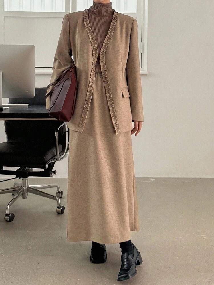 Women's V-Neck Ruffle Decor Loose Blazer And Long Straight Loose Skirt Casual Suit Set Business Attire