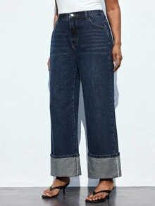 Maija 加大码高腰直筒牛仔裤，卷边裤脚，九分裤，舒适松紧腰带，复古牛仔秋季女装 - 深色水洗藍 - 查看 4