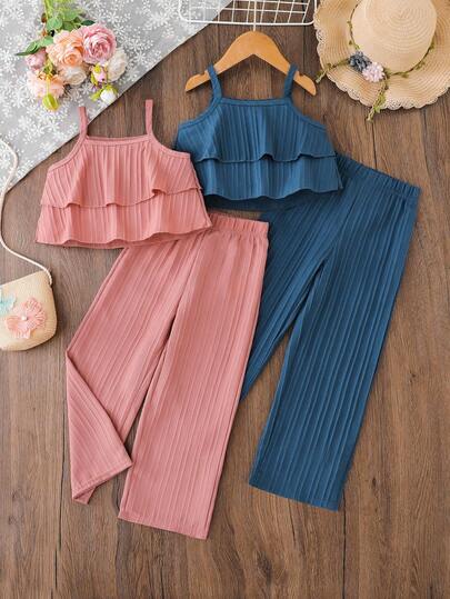 SHEIN Genkimix Kids 4 st/set flickor casual charmig camisoltopp i kombination med avslappnade vida byxor, rosa och beige, lämplig för vardagsutflykter, semester och fritidskläder