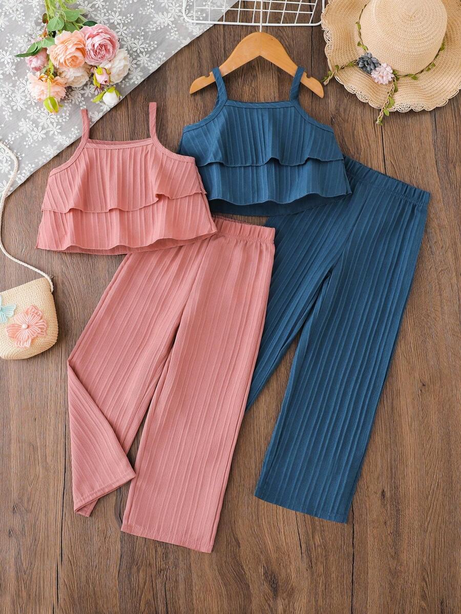 SHEIN Genkimix Kids 4pcs/Set Girls' Casual Charming Camisole Top Paired With Relaxed Wide Leg Pants, Pink & Beige, Suitable For Daily Outings, Vacation & Leisure Wear - Multicolor - View 1