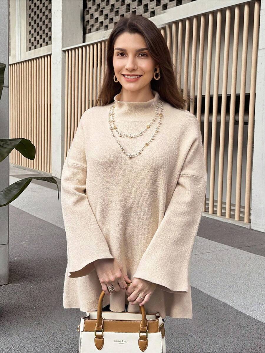 SHEIN LUNE Turtle Neck Top Old Money Long Sweater Knitted Sweater Turtle Neck Sweater - Apricot - View 1