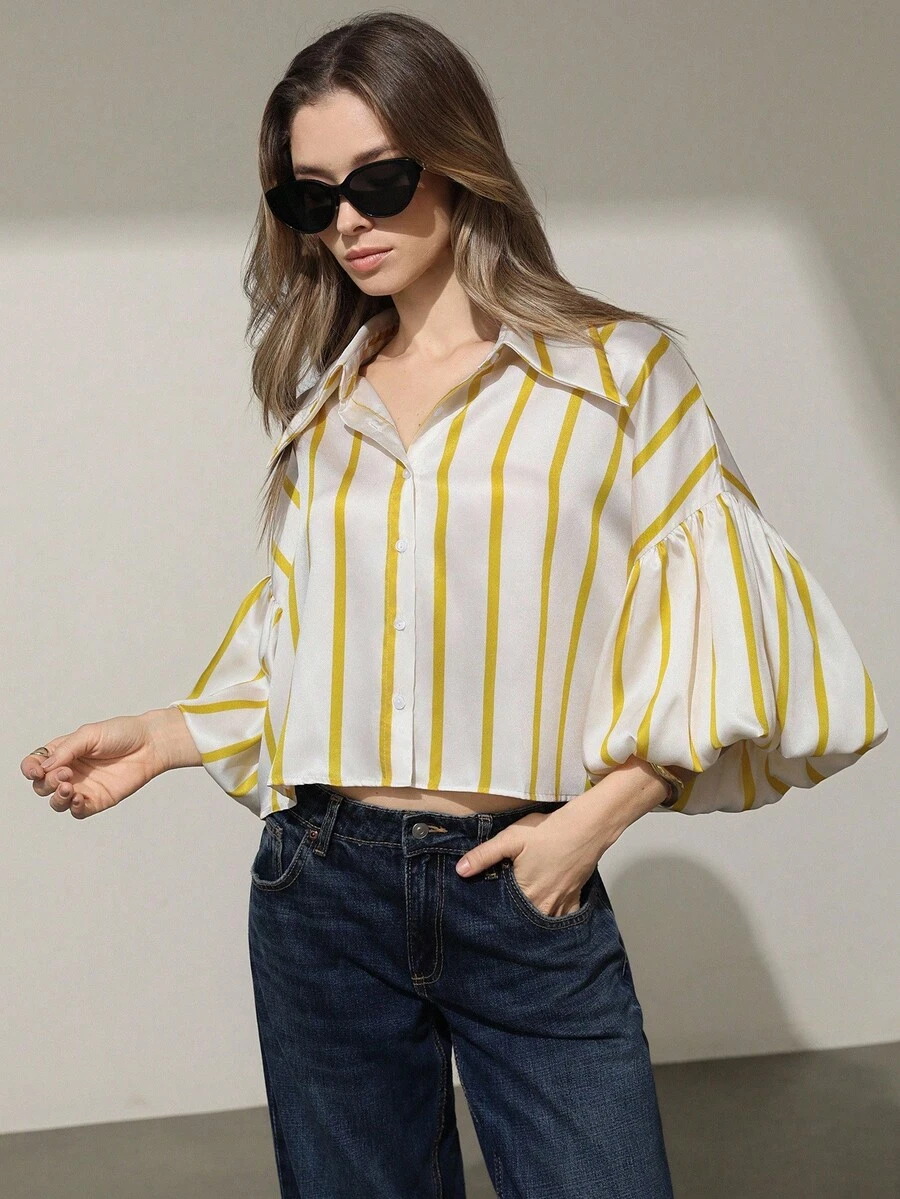 Aveloria Modichic Áo sơ mi tay ngắn in họa tiết sọc cài nút phía trước thời trang thường ngày - Nhiều màu - Xem 1