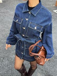 Siren Gaze 女士休闲通勤落肩宽松系带牛仔夹克