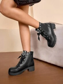 Daringsoles Women's Fashion Short Boots, Side Zipper, Chunky Heel, Metal Buckle Strap, Lace-Up Boots - Black - View 2