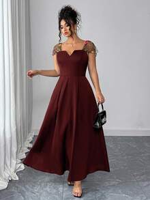 Auvina 女士优雅提花拼布夏季连衣裙 - 酒紅色 - 查看 6