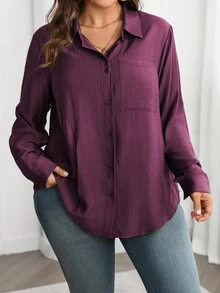 Nuevo 2026 Camisa casual de manga larga de un solo pecho con bolsillo para mujer de talla grande de unicolor - Rojo violeta - Ver 3