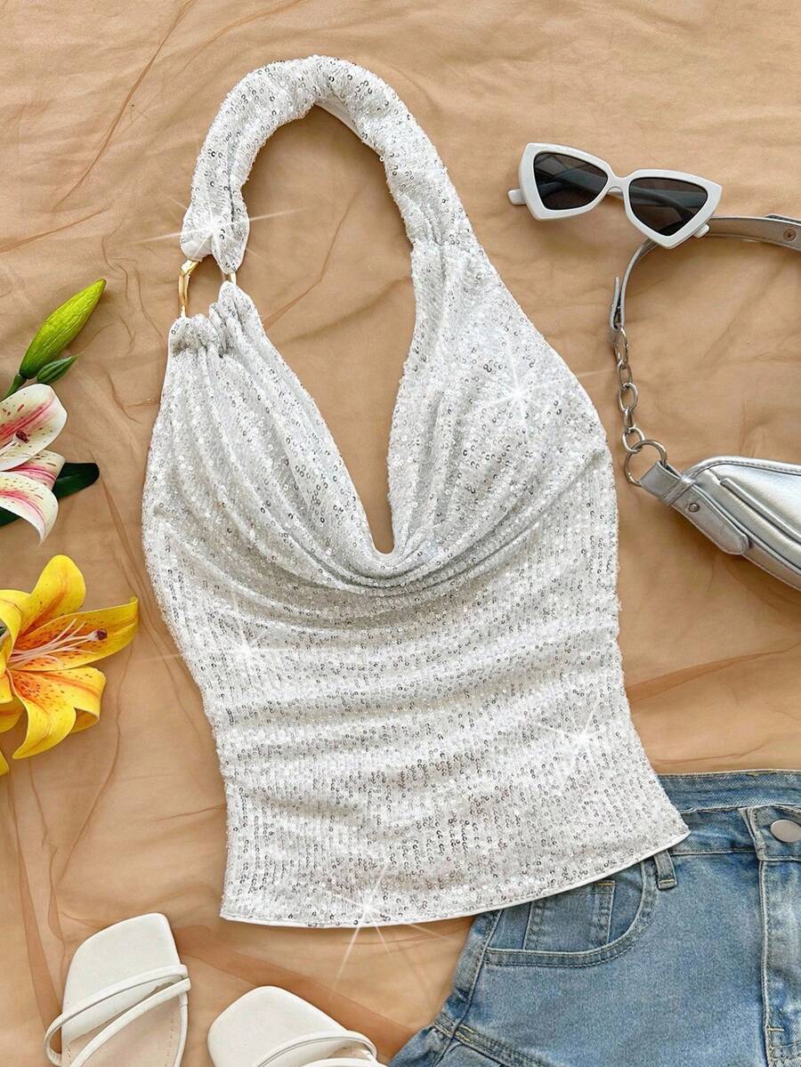 Soleia 女士亮片面料露背金属肩带低胸上衣，适合派对、圣诞节、约会之夜、夜总会、海滩、游轮、下午茶、波西米亚风、波西米亚风、度假、秋季 - 銀色 - 查看 1