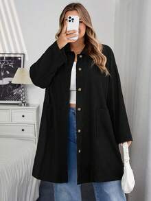 SHEIN CURVE+ Curve 加大码/秋装/秋季女装/女冬装/冬装大码女式乡村风格灯芯绒双口袋纽扣门襟中长外套，秋季夹克加大码夹克 8xl 女装 6xl 加大码女装 5xl 加大码加大码灯芯绒夹克，女式秋季服装/秋/冬 - 黑色 - 查看 5