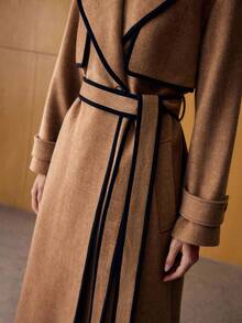 MOTF PREMIUM 羊毛撞色饰边腰带风衣 - 卡其色 - 查看 3