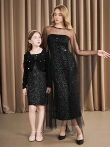 女式两件套，包括亮片迷你连衣裙和透明罩衫，时尚性感的风格，迷人的轮廓，飘逸的美感，适合派对、晚宴、约会，春季、秋季、冬季穿着 - 黑色 - 查看 6