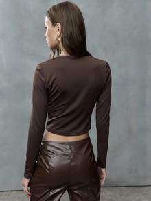 TypaGal Women's Dark Brown Zip-Front Top Under-Bust Ruching Long Sleeve Autumn Night Out Seksi Chic Modern Office Attire Business Professional Winter Top - Coffee Brown - View 2