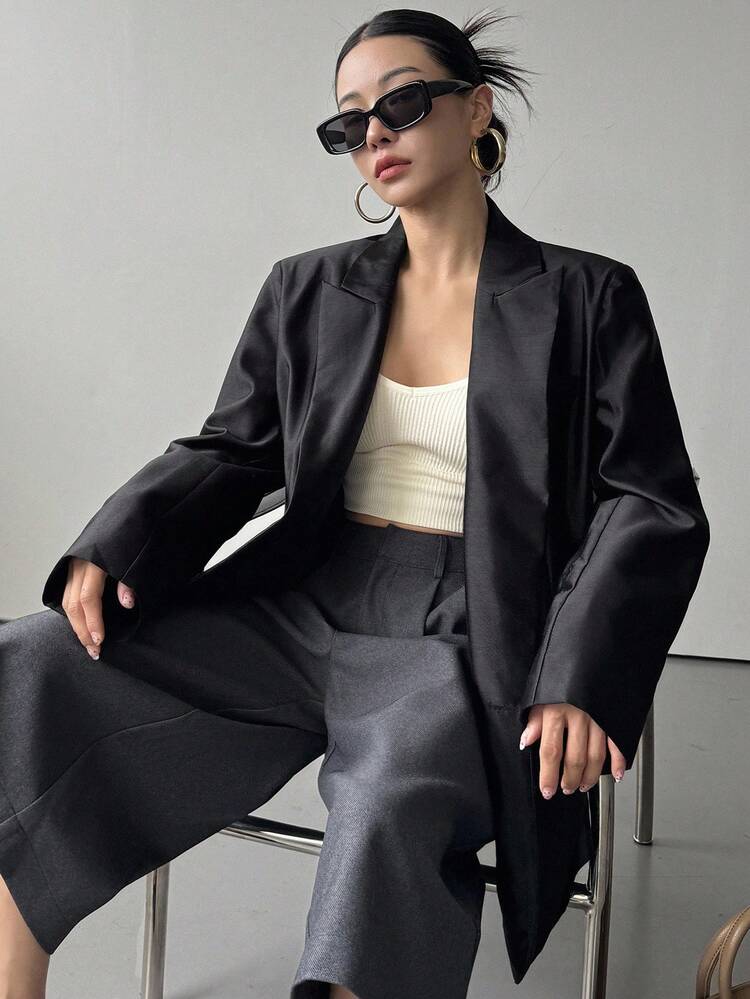 Women's Loose Fit Long Sleeve Lapel Collar Wide Shoulder Casual Vintage Jacket, Autumn/Winter Business Attire