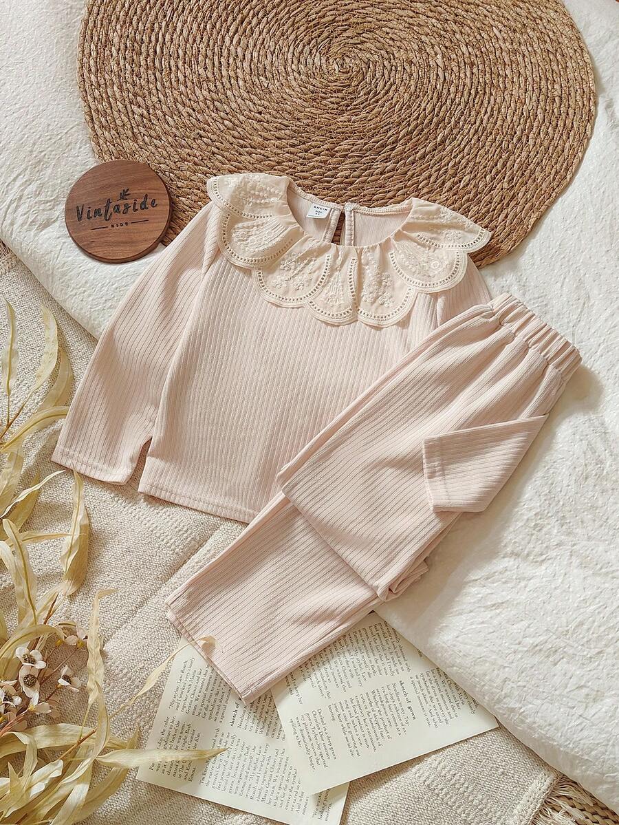 SHEIN Conjunto de Top Casual Chique de Manga Longa com Gola Floral de Outono e Calça Versátil e Simples para Menina - Damasco - Visão 1