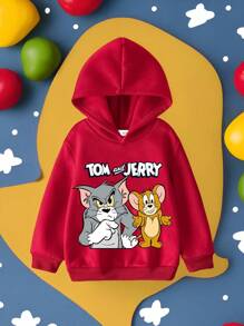 TOM & JERRY X SHEIN Young Boy Casual Cartoon Cat & Letter Print Hooded Sweatshirt, Autumn - Red - View 1