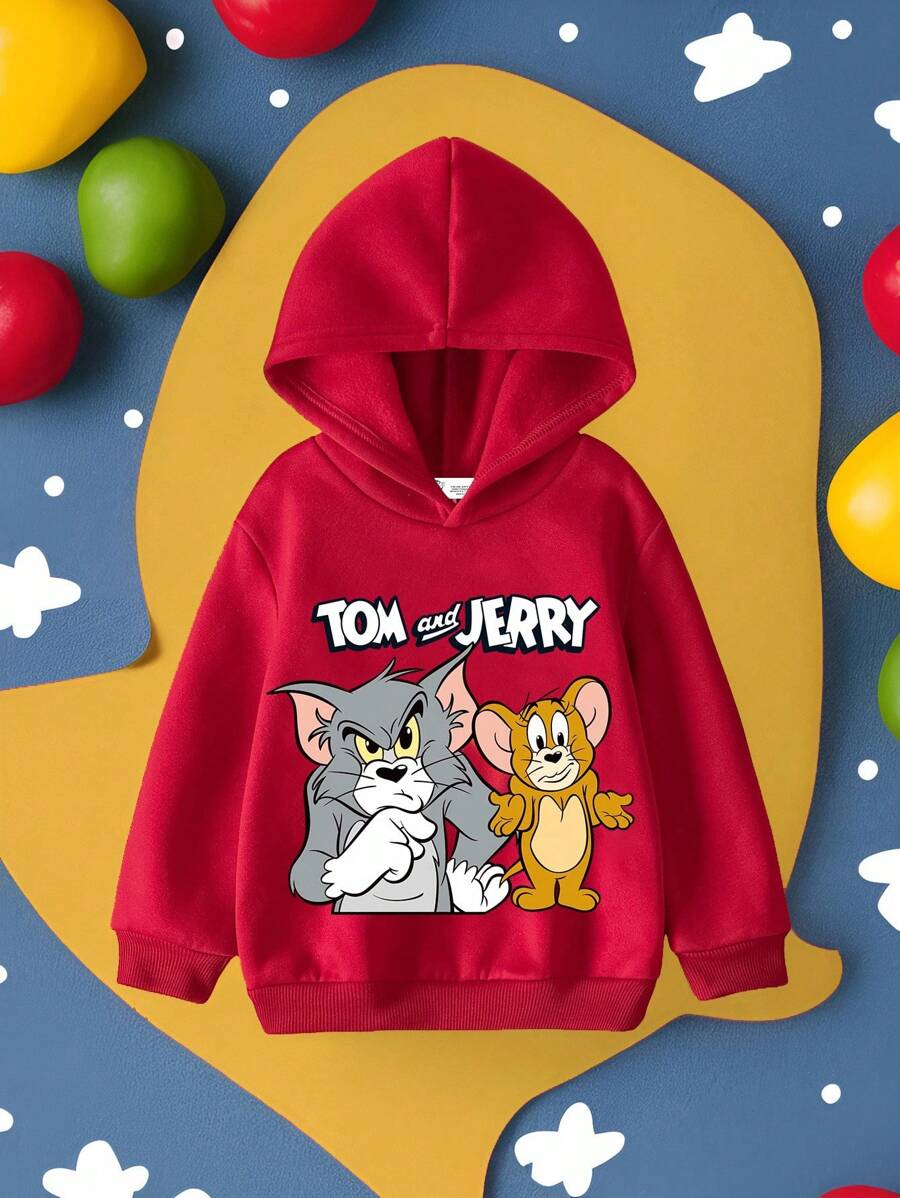 TOM & JERRY X SHEIN Young Boy Casual Cartoon Cat & Letter Print Hooded Sweatshirt, Autumn - Red - View 1