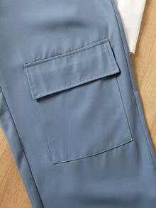 SHEIN 2 件套少女白色针织蝴蝶印花 T 恤和蓝色腰带蝴蝶结工装裤，适合居家、休闲、度假、午餐、音乐节、春夏季 - 藍色 - 查看 7