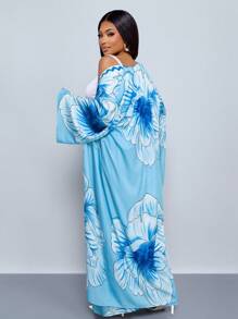 SOLERSUN 热带印花比基尼套装（含和服）夏季沙滩套装+随机印花图案比基尼两件套，女士两件套，适合海滩度假、约会、旅行大码女装 - 藏蓝色 - 查看 2