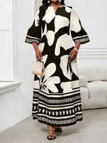 SHEIN Lady 春夏秋冬加大码V领黑色梭织宽松袖经典黑白撞色印花加大码睡袍连衣裙 - 黑與白 - 查看 5