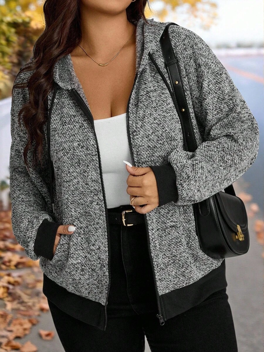 SHEIN LUNE 大码时尚百搭抽绳连帽外套，适合秋季女装、返校季、纳什维尔教师外出、早午餐、乡村风格等场合。大码连帽衫，女式大码冬季外套，大码拉链连帽衫，秋冬外套，女式冬季上衣，适合学生、教师、大码飞行员夹克、冬季外套、女式冬季外出上衣、女式拉链连帽衫外套、冬季外套，适合秋季穿着。 - 彩色 - 查看 1