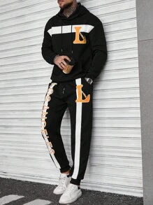 Manfinity LEGND Men's Hooded Sweatshirt Set, Mature Street Style Textured Fabric, English Letter Print Pattern - Black - View 6