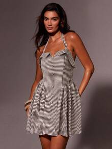 Athîral 女式无袖格子褶饰迷你连衣裙 - 棕色 - 查看 1