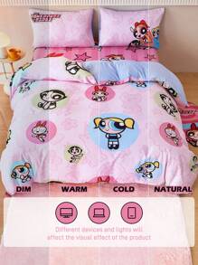 THE POWERPUFF GIRLS X SHEIN 3 件套卡通花朵、泡泡、毛茛图案羽绒被套套装，1 件羽绒被套和 2 件枕套，不含枕芯，可爱布艺床上用品，适用于卧室 - 彩色 - 查看 11