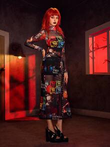 IT x SHEIN 女式字母与图案透视长袖连衣裙 - 黑色 - 查看 6