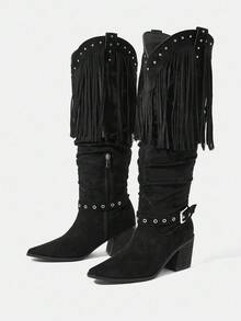 Styleloop Damskie, proste, wsuwane, wygodne, ocieplane buty na drewnianym obcasie, buty z motywem rekina, odpowiednie na Halloween, Boże Narodzenie, strój jesienny, czarne buty, buty damskie, buty westernowe, Core - Czarne - Zobacz 7