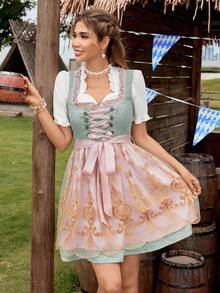 Serisse 慕尼黑啤酒节 Dirndl 女式荷叶边甜心领结刺绣网眼下摆无袖优雅迷你连衣裙，非常适合下午茶、音乐会、早午餐和慕尼黑啤酒节 - 彩色 - 查看 5