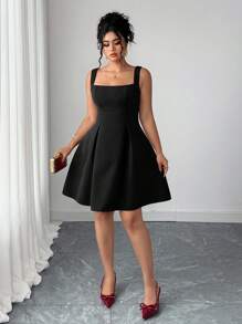 Elenzga Plus Size Women's Solid Color Sleeveless Square Neck Waist Cinched A-Line Dress Black Cocktail Dress Square Neck Dress Sleeveless Black Dress Black Dress Black Summer Dress