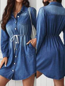 EMERY ROSE Women's Casual Denim Dress With Pockets And Drawstring - Blue - View 1