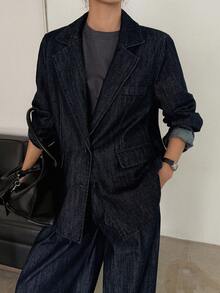 DAZY 女式牛仔外套，有领，直筒裤，休闲牛仔套装 - 深色水洗藍 - 查看 6