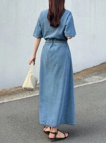 FRIFUL 女式深水洗蓝色短袖收腰口袋装饰缝线长裙，机场度假装 - 藍色 - 查看 5