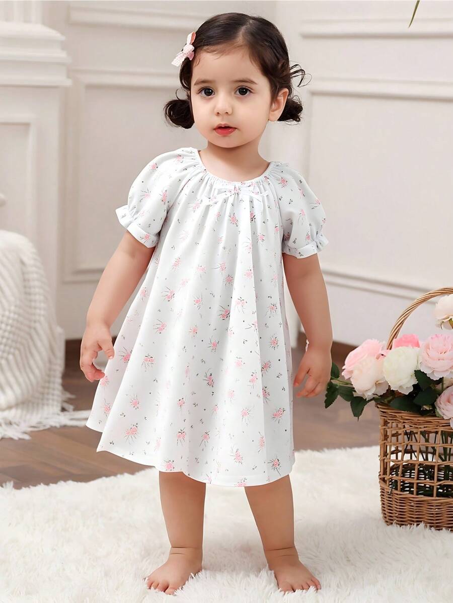 Baby Girl Summer Vacation Loose Knit Round Neck Puff Sleeve Ditsy Floral Nightgown - Multicolor - View 1