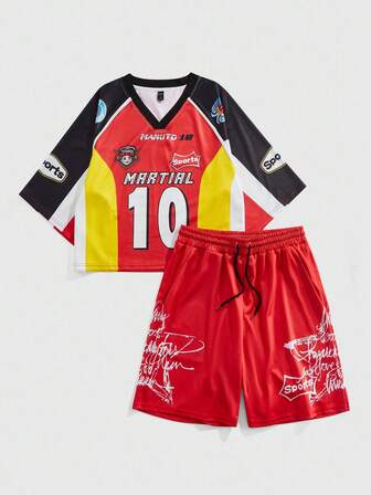 Prep Set estivo casual da uomo composto da maglietta a raglan con stampa numerica e lettera e pantaloncini con coulisse in vita