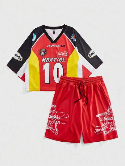 Prep Herren Sommer Straßen Lässig Sport Set aus Raglan T-Shirt mit Nummer- und Buchstaben-Muster und Shorts mit Kordelzug Taille