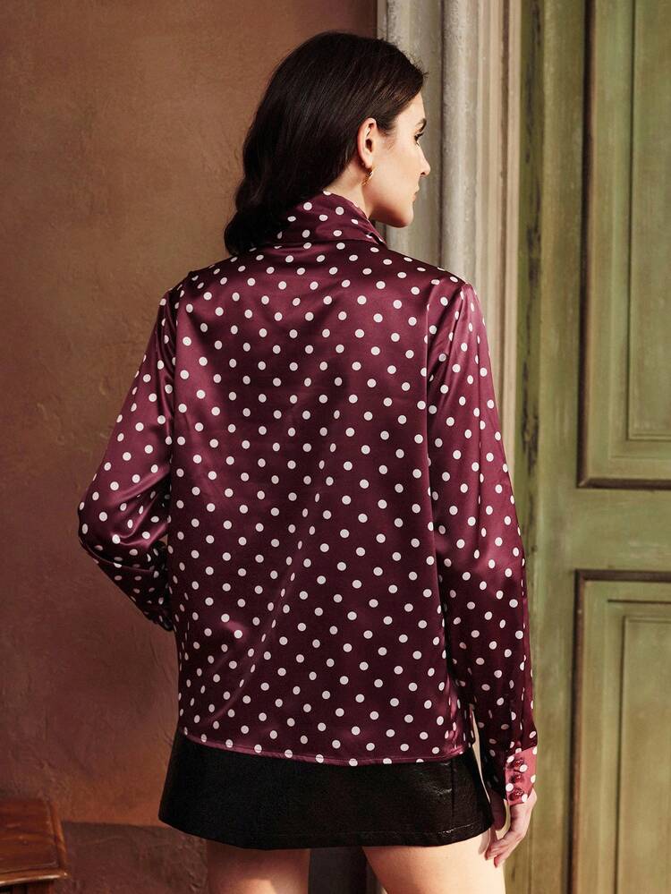 Women's Elegant Red Polka Dot Print Detachable Collar Basic Shirt, Autumn/Winter