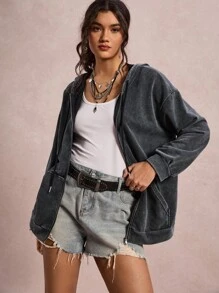 SHEIN LUNE Plus Size Casual Distressed Snowflake Hooded Jacket Oversized Zip Up Hoodie Grey Jacket Grunge Fall Winter For Going Out - Blue - View 7