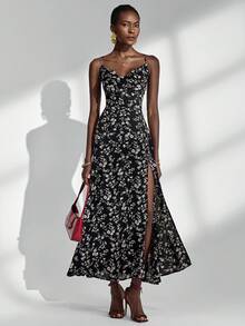 Almamuse Robe élégante pour femmes avec bretelles fines, encolure drapée et fente haute à l'ourlet - Noir - Voir 6