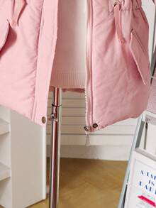 SHEIN 女童少女秋冬新款简约时尚百搭厚棉衣，带毛领，拉链，口袋，腰部收紧，棉服 - 粉色 - 查看 9