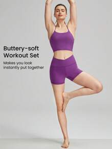 GLOWMODE FeatherFit™運動胸衣＆8英寸短褲套裝，背帶背心式胸衣，高腰側邊口袋車兜短褲，適用於低強度瑜珈日常跑步健身夏季運動 - 紫色 - 查看 2