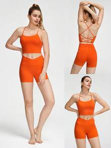 GLOWMODE FeatherFit™運動內衣和8英寸短褲套裝，背部帶綁帶運動內衣背心和高腰側口袋運動車手短褲，適用於低衝擊度瑜伽日常跑步健身夏季訓練 - Orange Ignite - 查看 10